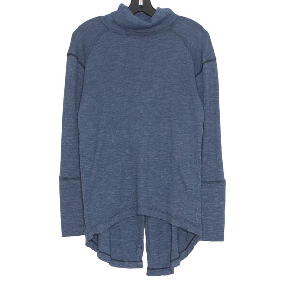 We The Free People Womens Top Turtleneck Split Back Raw Edge Blue Size Small FO - Picture 1 of 6
